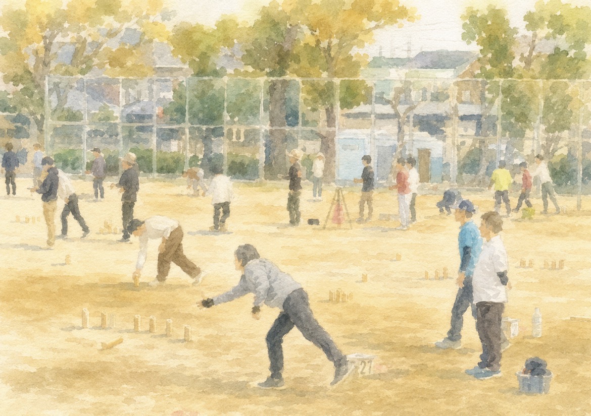 公園の芝生で、モルックの個人戦を楽しむ人たちのイラスト