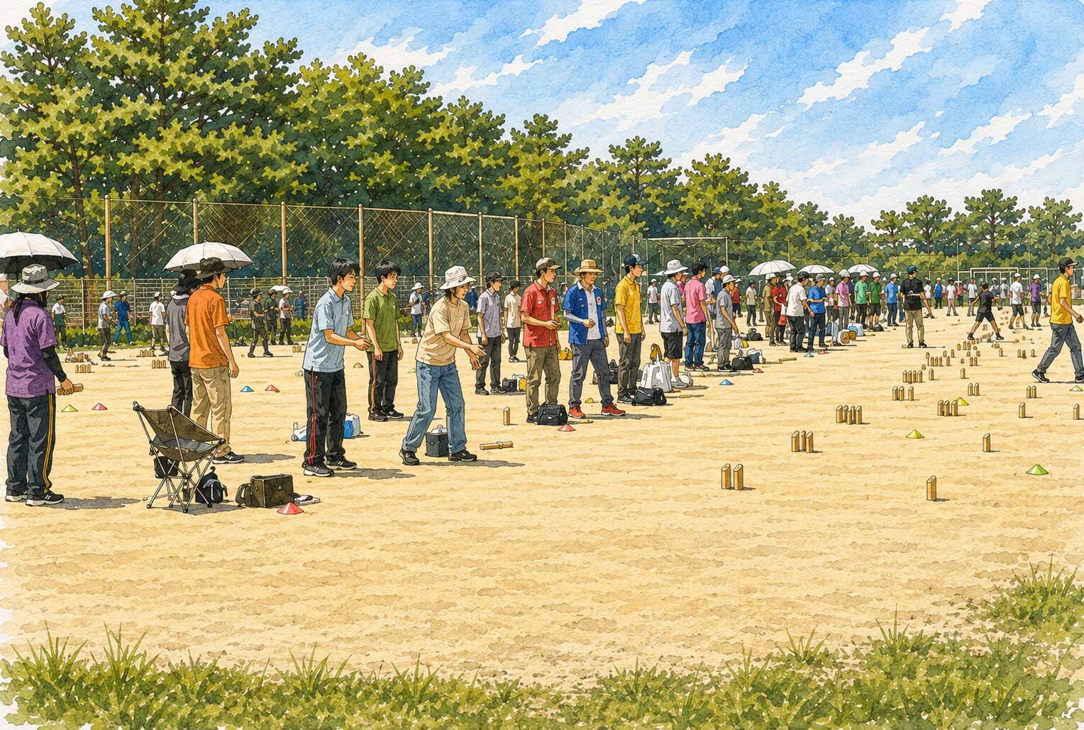 大会でモルックを楽しむ大勢の人たちとグラウンドに点在するスキットルの水彩イラスト