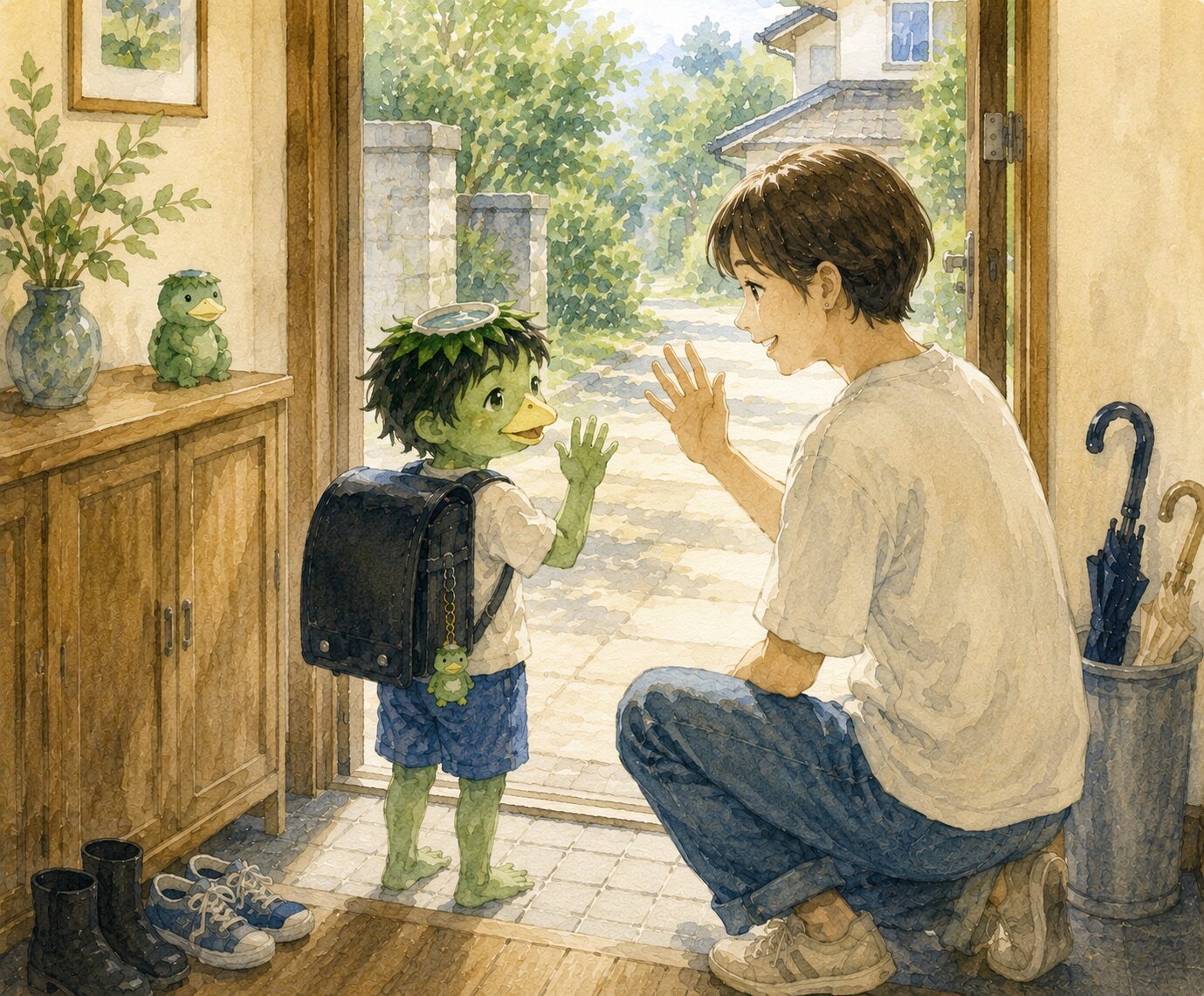 玄関でランドセルを背負ったカッパの男の子を笑顔で送り出すお母さんの水彩イラスト