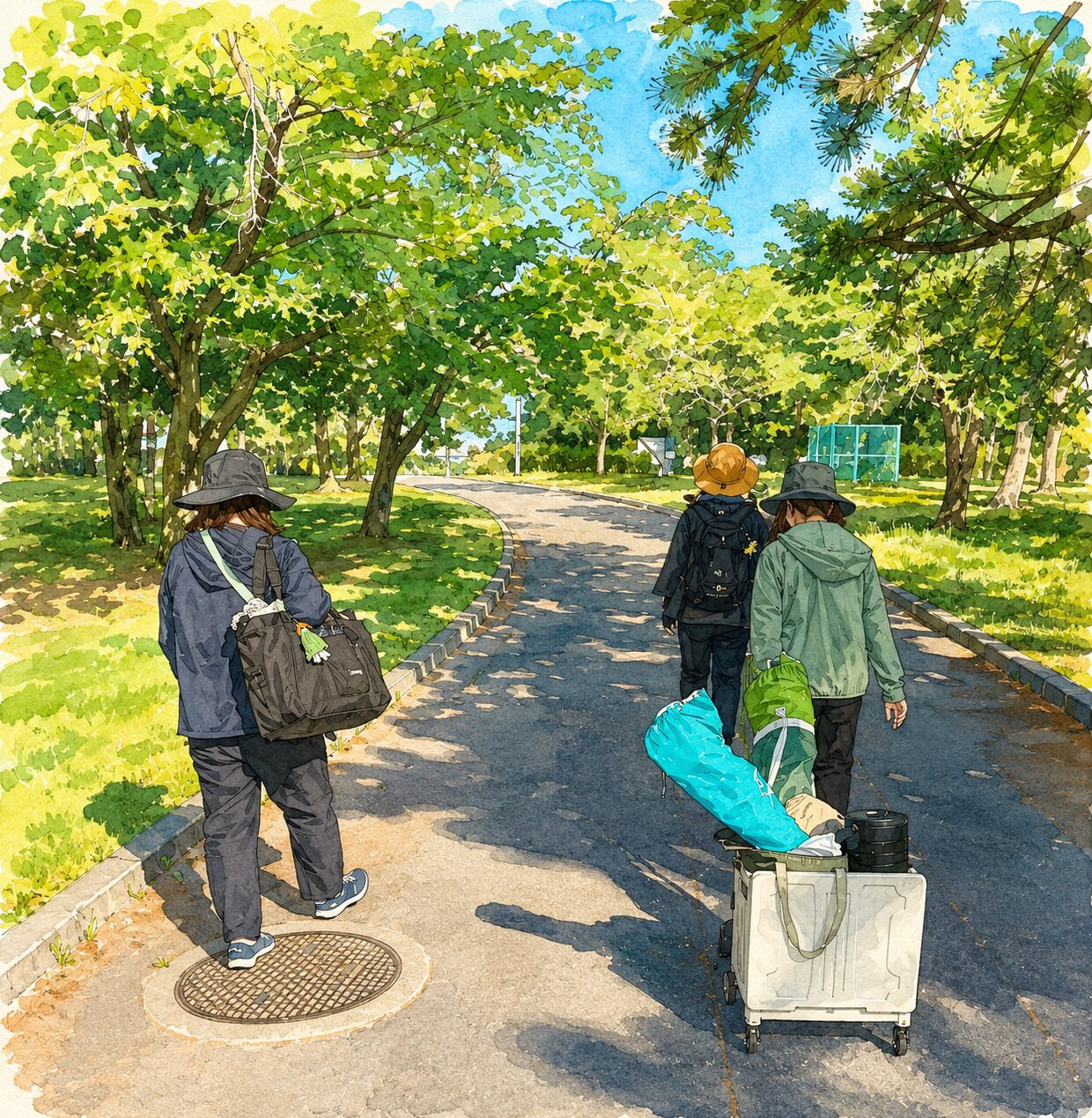 大会の道具をカートに積んで公園の道を歩くモルックチーム3人の後ろ姿の水彩イラスト