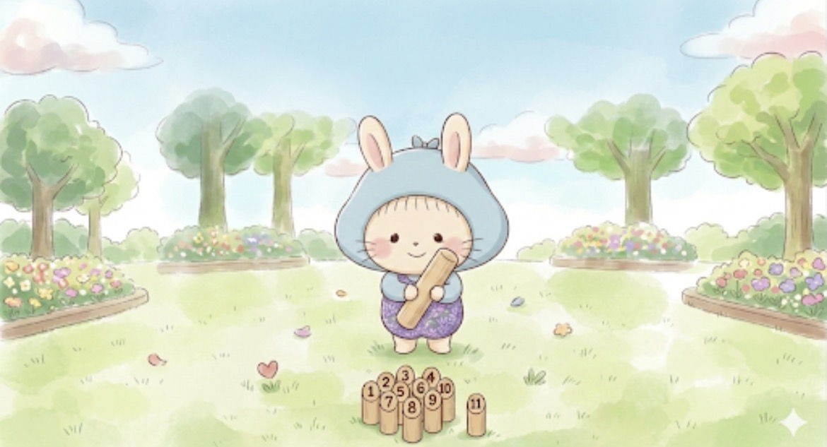 モルックの棒を持って公園に立つ、うさぎのフードをかぶった女の子のイラスト