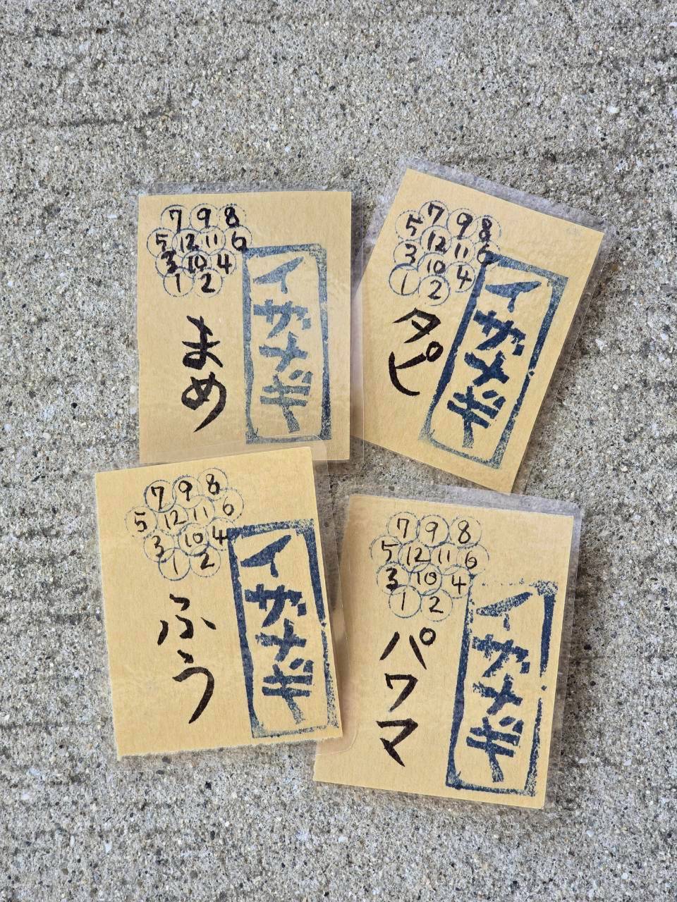 パワマが手作りしてくれたチームの名札4枚。消しゴムハンコのチーム名と各自のニックネーム入り