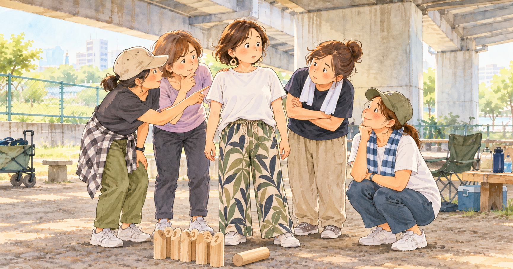 高架下の練習場で、白いTシャツのおばちゃんを仲間たちが囲み、腕を組んだりあごに手を当てたりして見つめている水彩イラスト