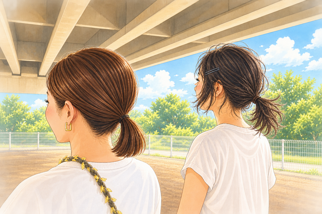 きれいにまとまった髪とバサバサの髪、後ろ姿で並ぶ二人のお母さんのイラスト