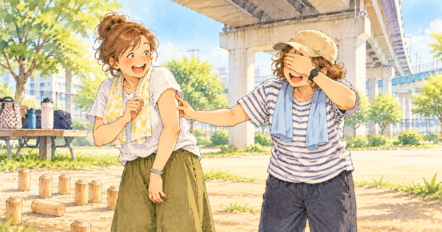 高架下の練習場で、目隠ししたおばちゃんが仲間の二の腕を触って当てっこする水彩イラスト