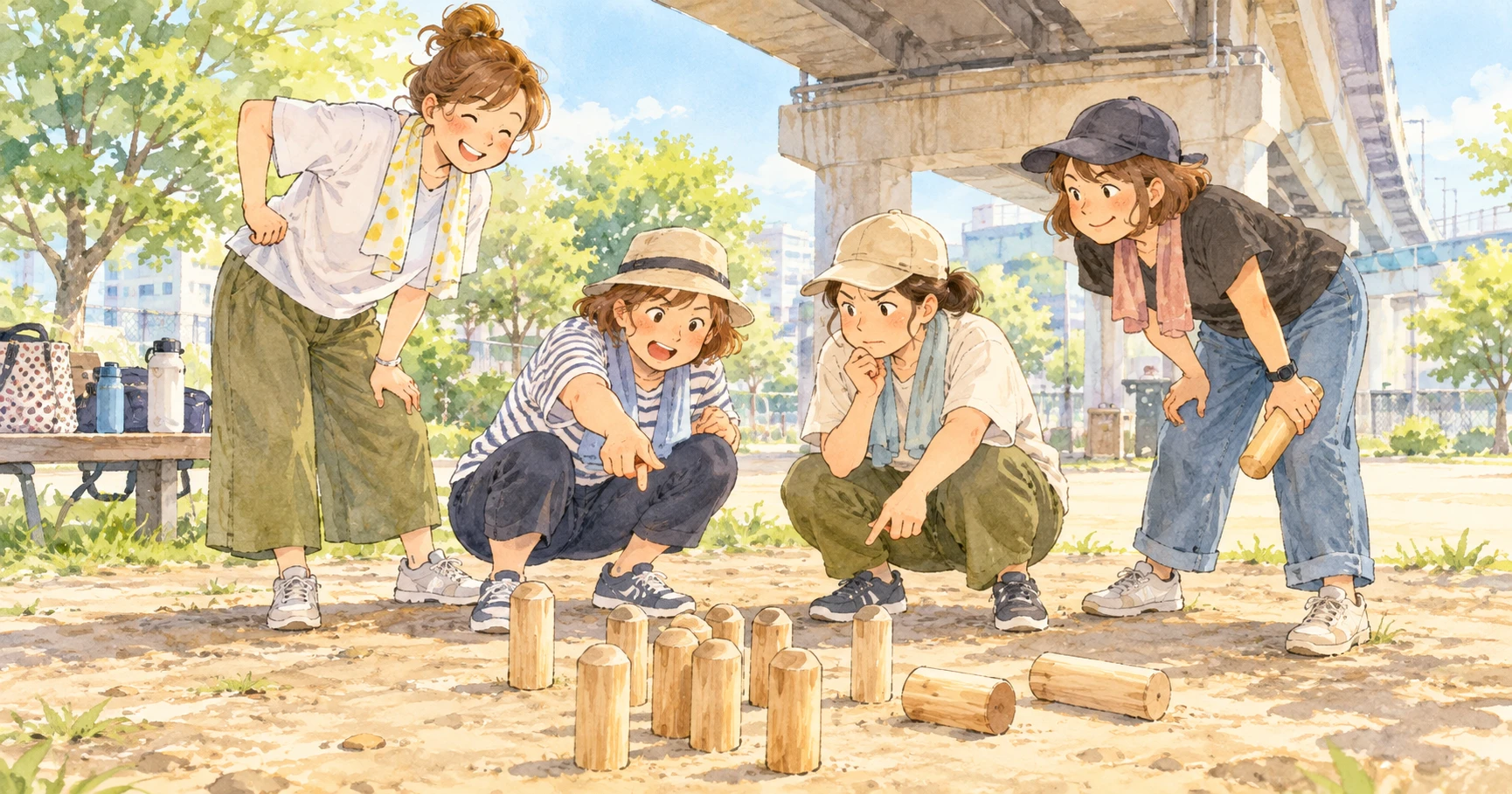 高架下の公園でモルックのピンを囲んで作戦会議をするアラフィフのお母さんたちのイラスト