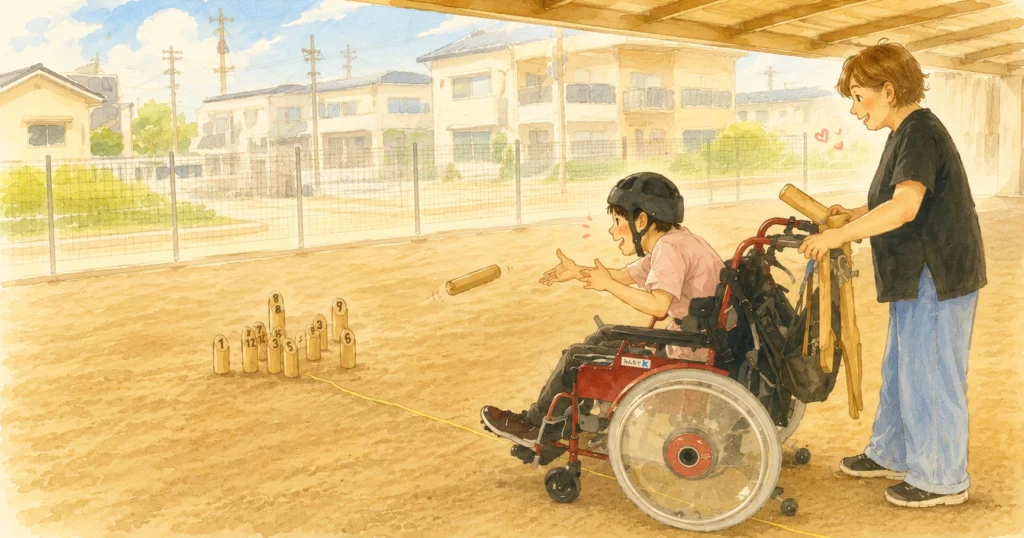 車椅子に乗ってモルックの棒を投げる男の子と、後ろで見守るお母さんのイラスト
