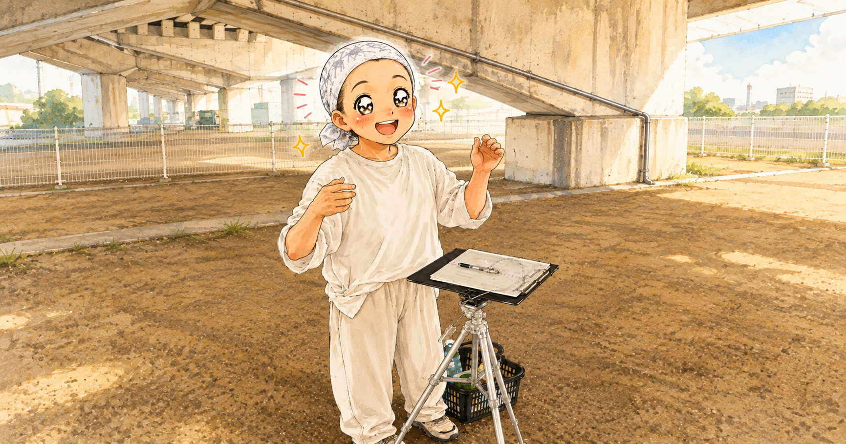 高架下でスコア表を前に、頭にバンダナを巻いたおばちゃんが笑顔で張り切っている水彩イラスト